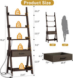 DynJest 5-Tier Bookshelf with Drawer, 70" Tall Ladder Shelf with Power Outlet &USB Fast Charging, Leaning Freestanding Shelves for Living Room, Home Office, Bedroom, Industrial Style, Espresso