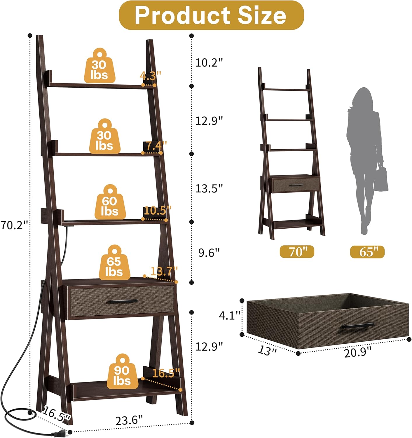 DynJest 5-Tier Bookshelf with Drawer, 70" Tall Ladder Shelf with Power Outlet &USB Fast Charging, Leaning Freestanding Shelves for Living Room, Home Office, Bedroom, Industrial Style, Espresso