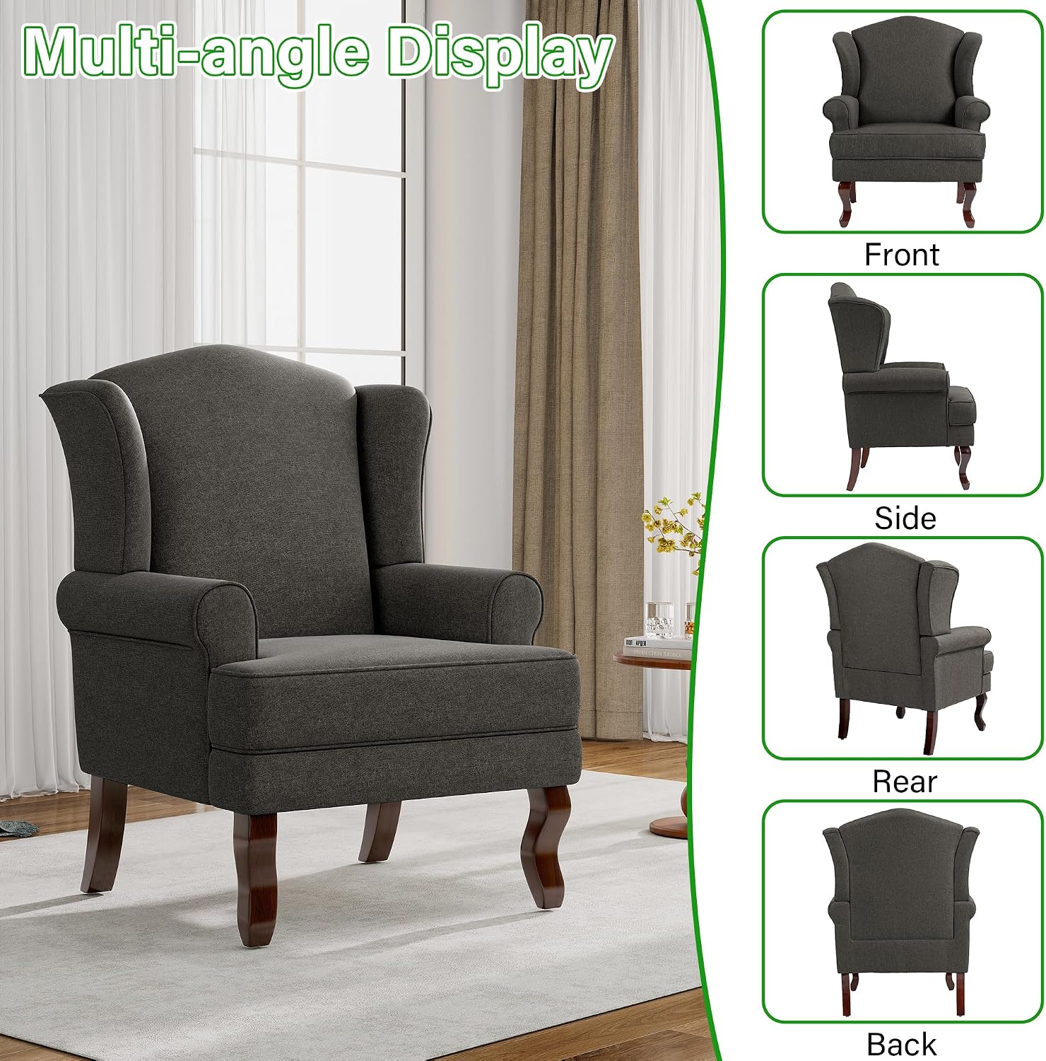 Lumibee High Back Accent Chair, Comfy Armchair with Solid Wood Legs for Living Room, Upholstered Accent Chair for Small Space, Single Sofa Reading Chairs for Office-Dark Gray