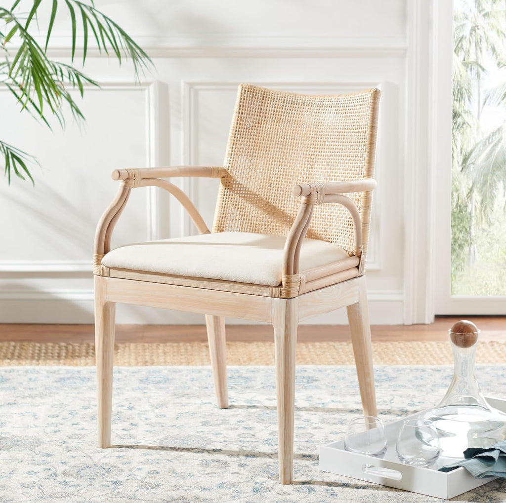 SAFAVIEH Home Collection - Gianni Natural & White Wash Solid Wood Rattan Arm Chair, Tropical Coastal Accent Seating for Living Room or Dining Space (SEA4011B)
