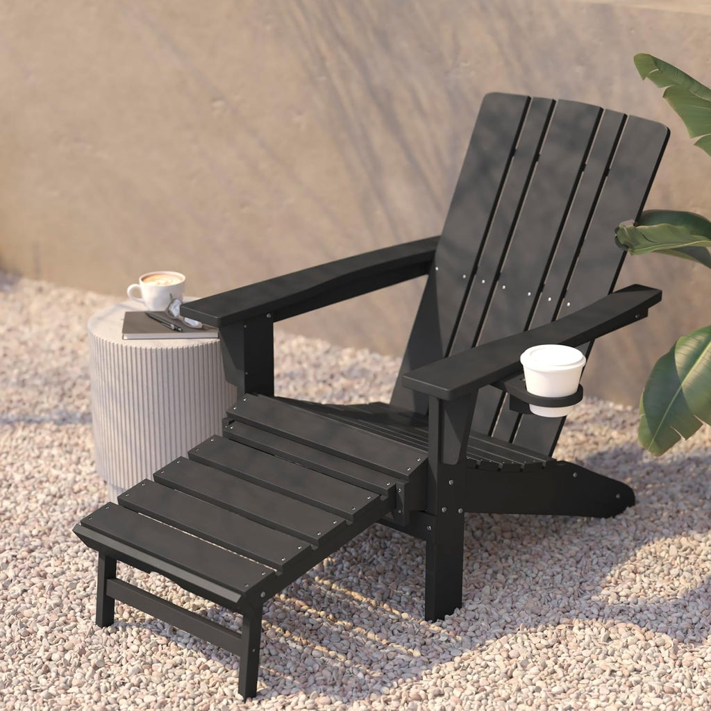 Flash Furniture Halifax Poly Resin Adirondack Chair with Cup Holder and Pull Out Ottoman, All-Weather Poly Resin Indoor/Outdoor Lounge Chair, Gray, Set of 1