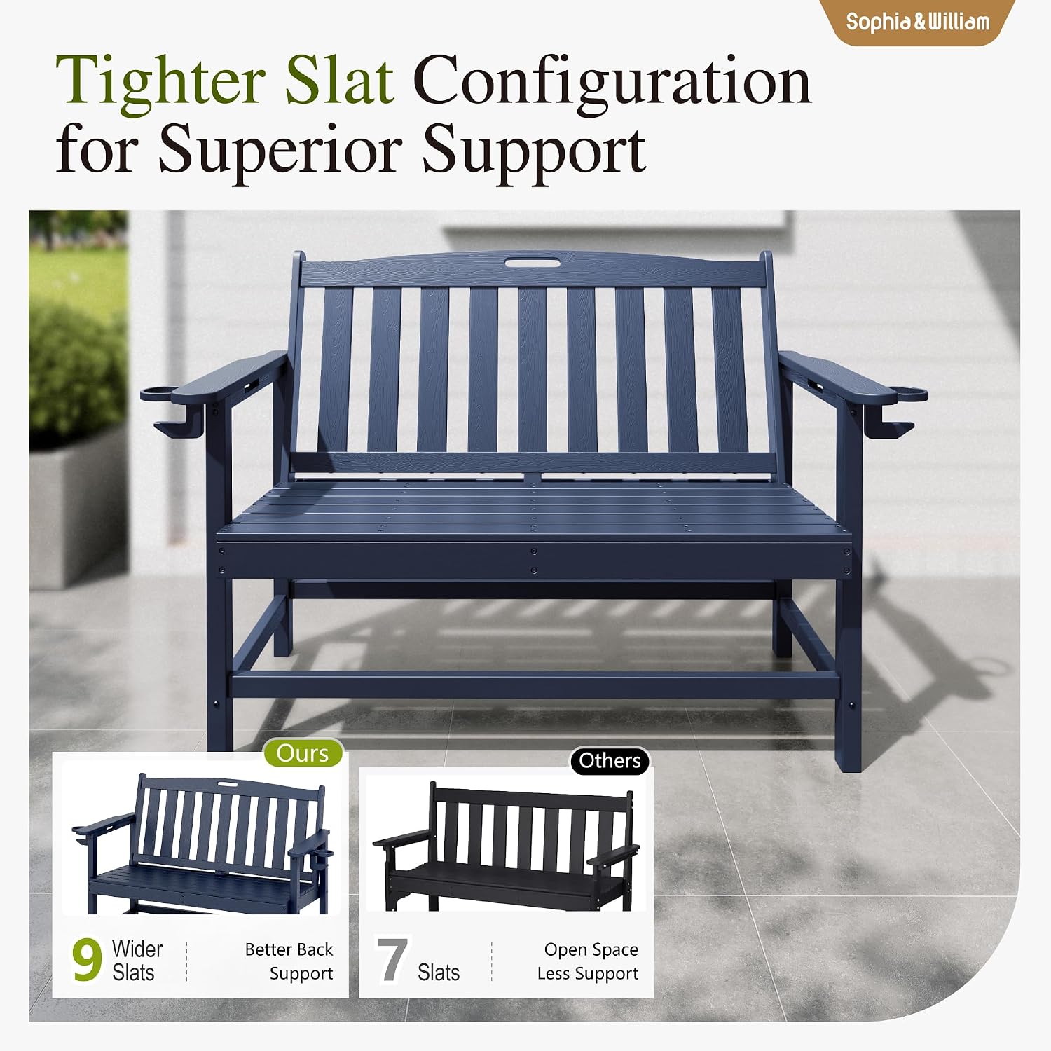 Sophia & William HDPE Outdoor Bench Weatherproof, 2-Person Garden Bench with Cup Holders, 700 lbs Capacity, Patio Benches for Porch, Garden, Backyard and Park, Navy