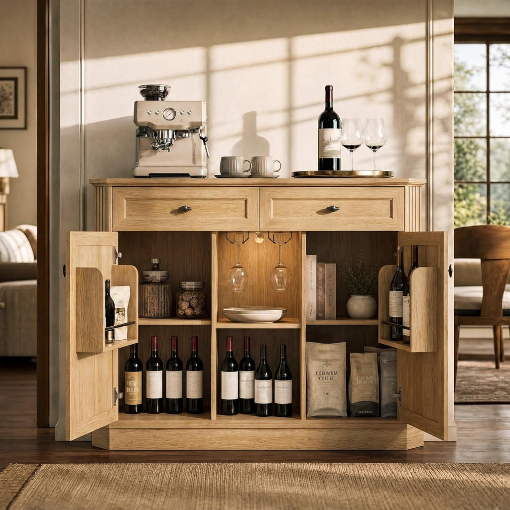 Natural Oak Coffee Bar with 2 Drawers & 2 Doors, LED Wine Bar Cabinet with Wine Glasses, Coffee Station with Built-in Outlets, Buffet Cabinet Sideboard with Extra Storage for Living Room Kitchen