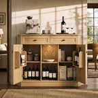 Natural Oak Coffee Bar with 2 Drawers & 2 Doors, LED Wine Bar Cabinet with Wine Glasses, Coffee Station with Built-in Outlets, Buffet Cabinet Sideboard with Extra Storage for Living Room Kitchen