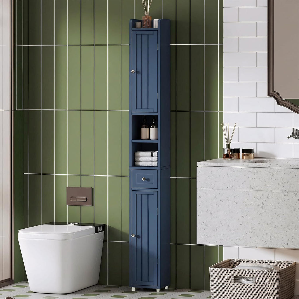 ChooChoo Narrow Bathroom Storage Cabinet with Adjustable Shelves, Tall Storage Cabinet with 2 Doors and 1 Drawer, Freestanding Cupboard for Small Spaces, Blue