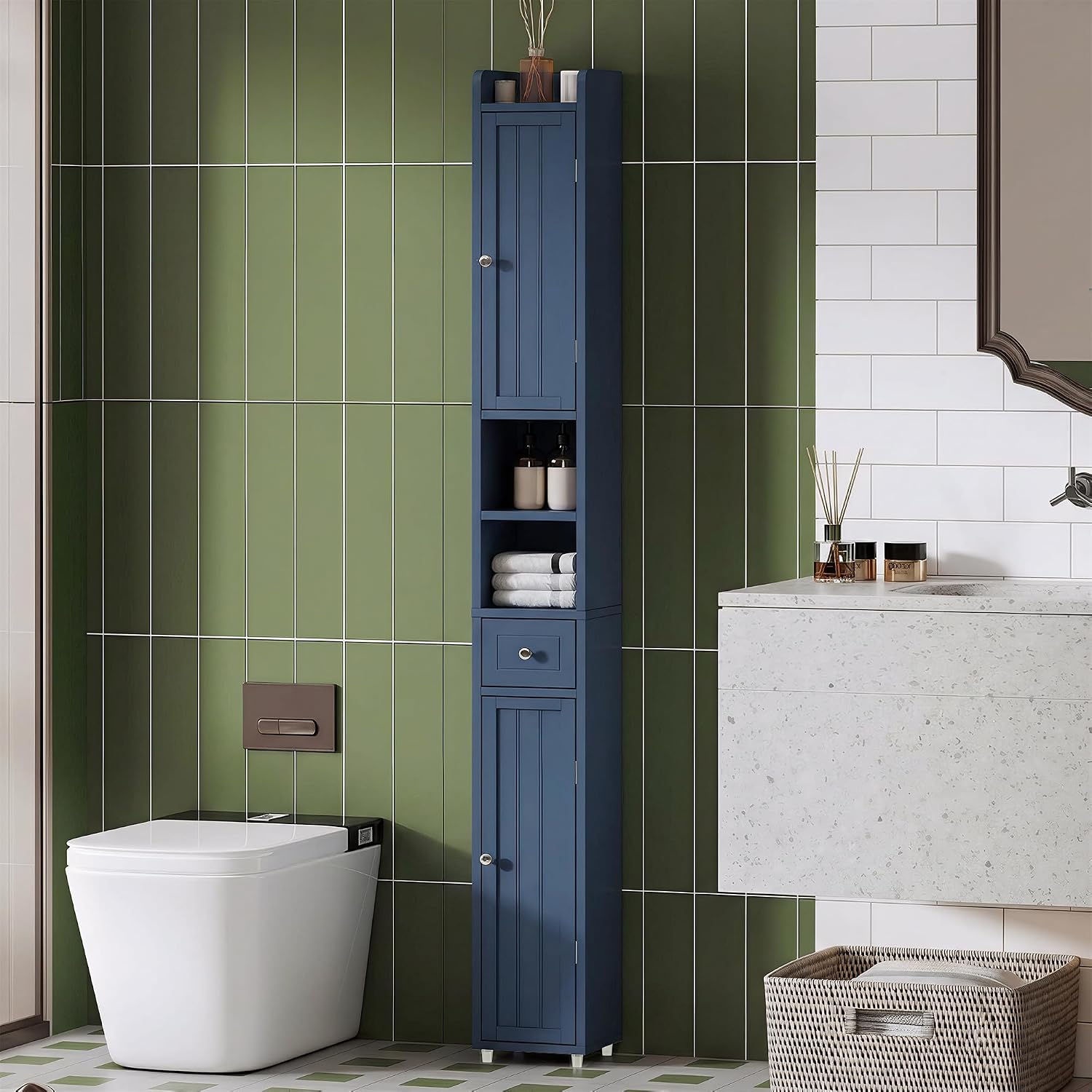 ChooChoo Narrow Bathroom Storage Cabinet with Adjustable Shelves, Tall Storage Cabinet with 2 Doors and 1 Drawer, Freestanding Cupboard for Small Spaces, Blue