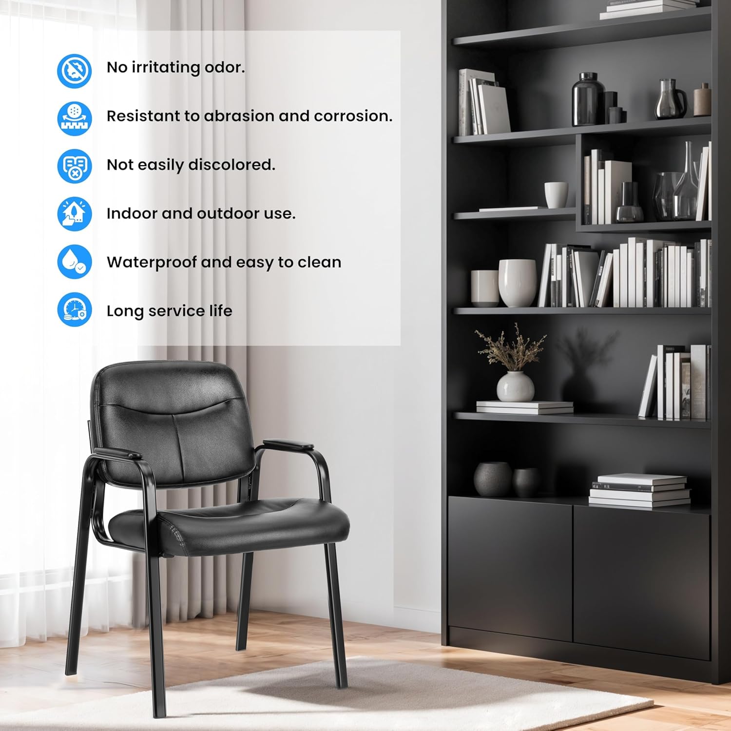 HealSmart Office Reception Guest Chair with Leather Padded Arm Rest for Waiting Room, Lobby Home Desk Table Side Chairs for Elderly, Seniors, Black