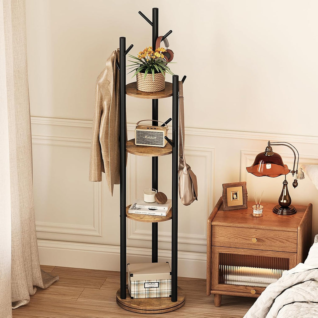Espelism Rotary Coat Rack Stand, Freestanding Metal Hall Tree with 9 Hooks | 4-tier coat stand with wood storage shelves. Ideal for entryway, bedroom, corner or office clothing organization.Brown