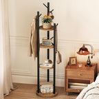 Espelism Rotary Coat Rack Stand, Freestanding Metal Hall Tree with 9 Hooks | 4-tier coat stand with wood storage shelves. Ideal for entryway, bedroom, corner or office clothing organization.Brown