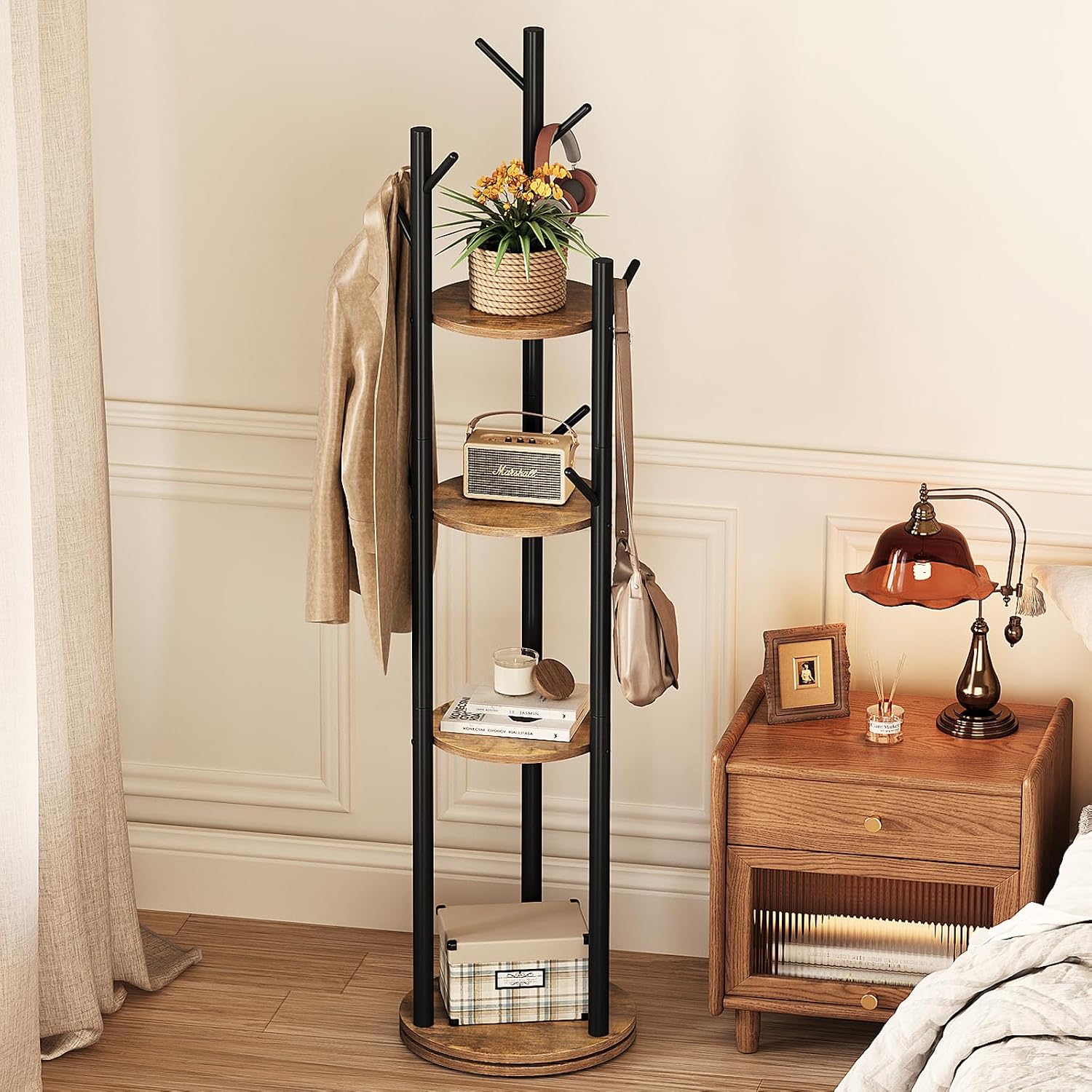 Espelism Rotary Coat Rack Stand, Freestanding Metal Hall Tree with 9 Hooks | 4-tier coat stand with wood storage shelves. Ideal for entryway, bedroom, corner or office clothing organization.Brown