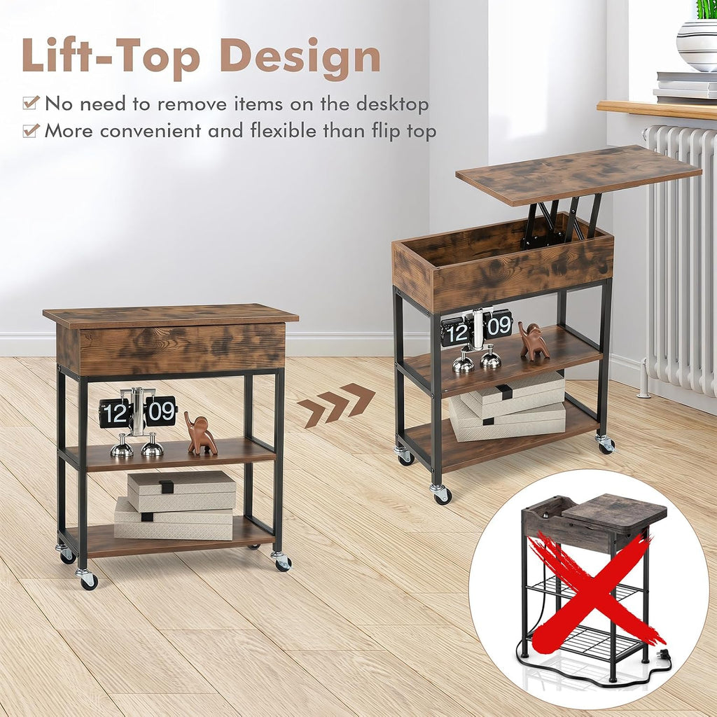 Giantex Lift Top End Table with Charging Station, Narrow Side Table with Hidden Storage, USB and Type-C Ports, Rolling Sofa Table with Lockable Wheels for Living Room Bedroom, Rustic Brown