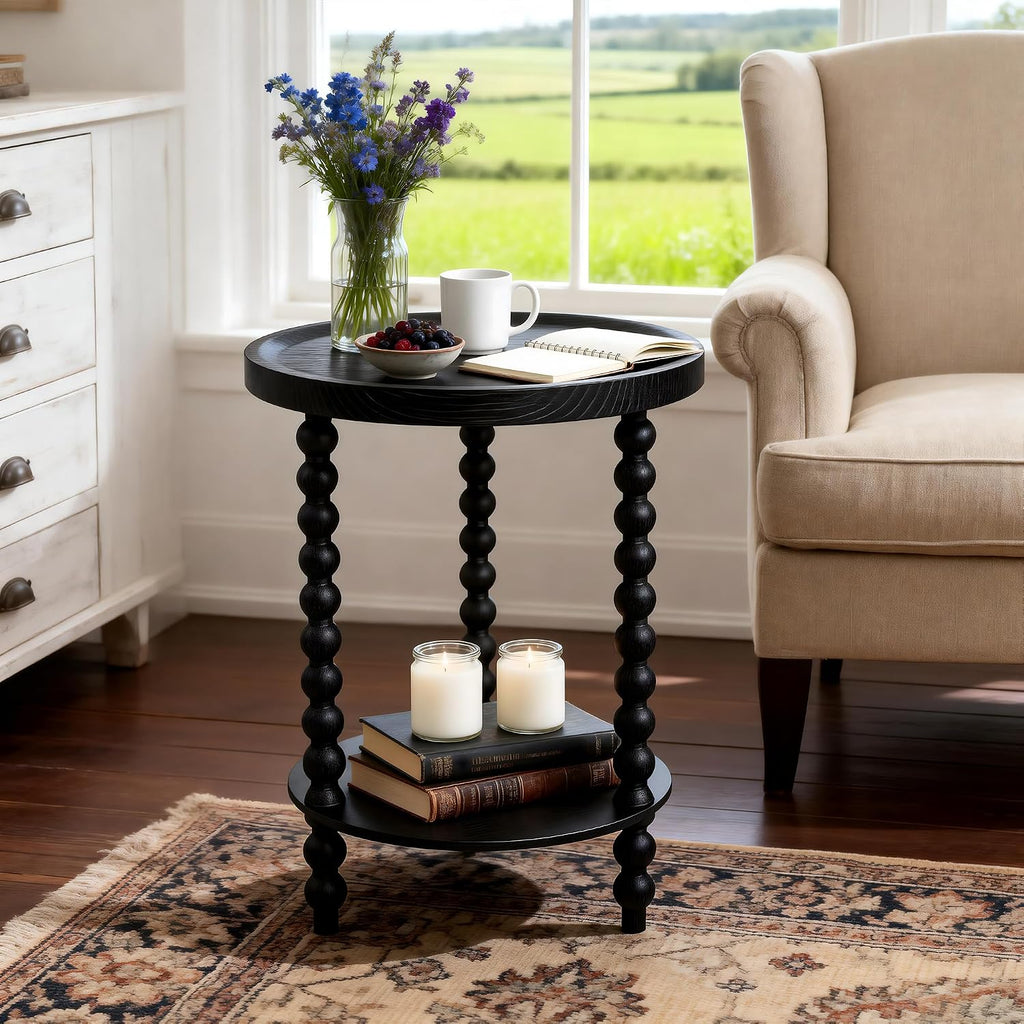 Round 2 Tier Side Table, End Table with Storage Shelf, Modern Nightstand Beside Table for Living Room, Bedroom, (Black, Normal, Wood)