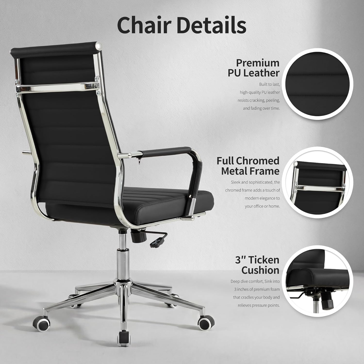 Okeysen Office Desk Chair, Ergonomic Leather Modern Conference Room Chairs, Executive Ribbed Height Adjustable Swivel Rolling Chair for Home Office. (Black)