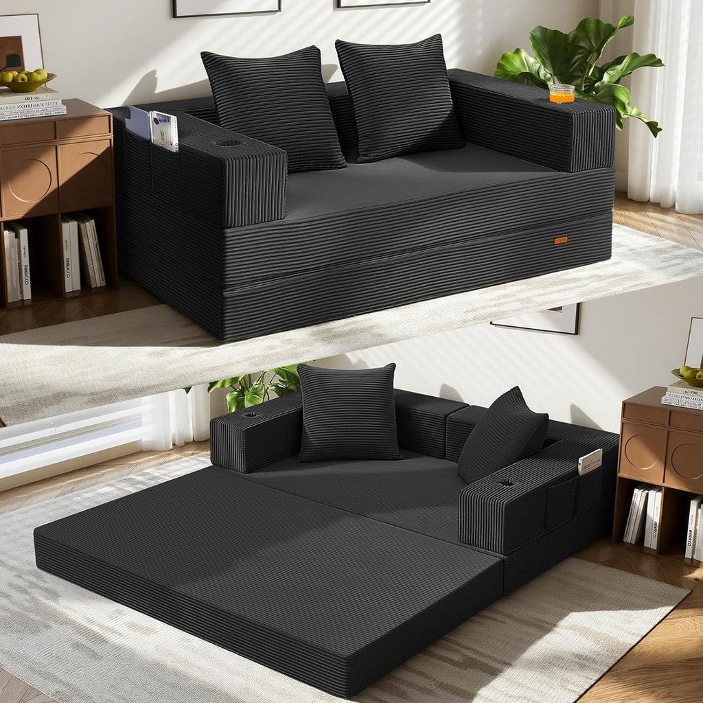 COMAX Futon Sofa Bed, 4‑in‑1 Convertible Sofa Bed, Folding Boneless Couches for Living Room, Fold Out Small Foldable Loveseat Floor Sleeper Comfy Mattress Lounge Space‑Saving, Black