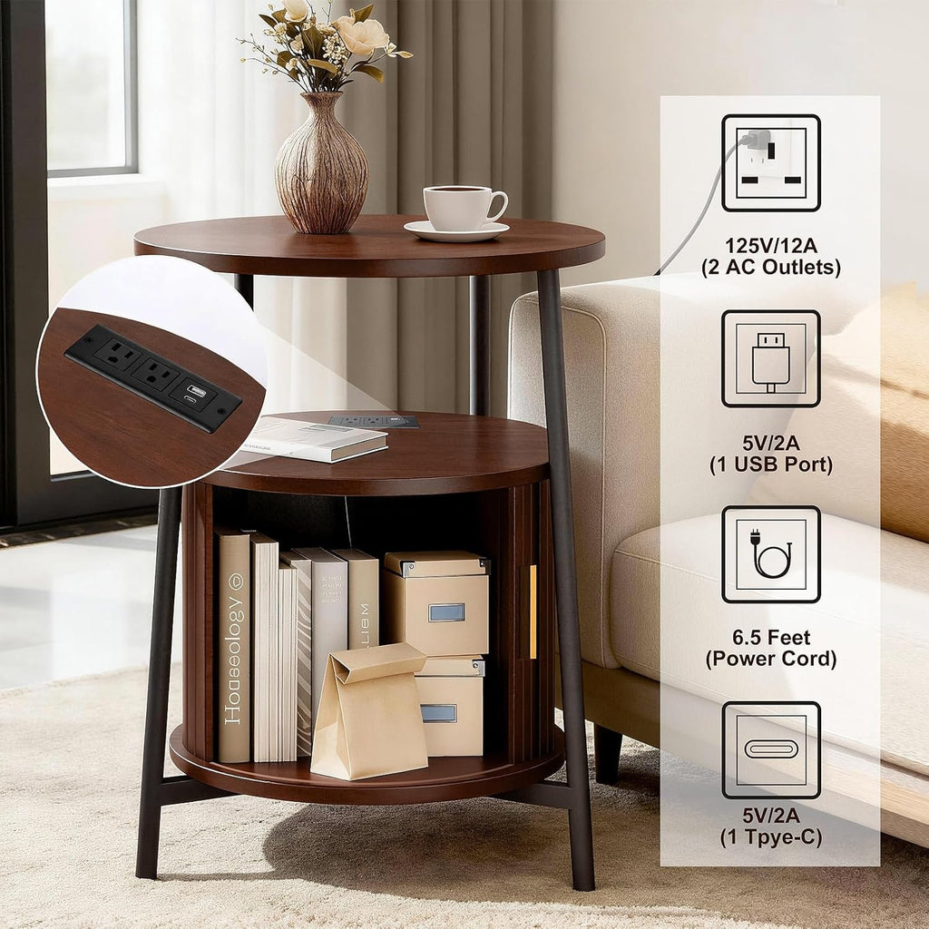 DHH Round End Tables with Charging Station, Fluted Accent Side Table with Sliding Door, Mid-Century Modern Nightstand for Small Space Storage, Living Room, Bedroom,Sofa Couch(1, Walnut)