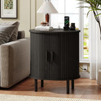 Oval End Table with Charging Station & Sliding Door, Mid-Century Modern Side Table with Storage & Adjustable Shelf, Fluted Accent Nightstand for Living Room, Bedroom (1, Black)