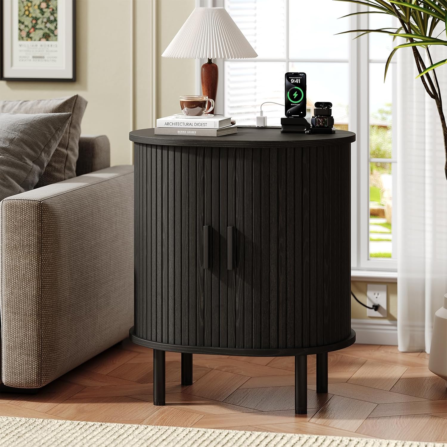 Oval End Table with Charging Station & Sliding Door, Mid-Century Modern Side Table with Storage & Adjustable Shelf, Fluted Accent Nightstand for Living Room, Bedroom (1, Black)