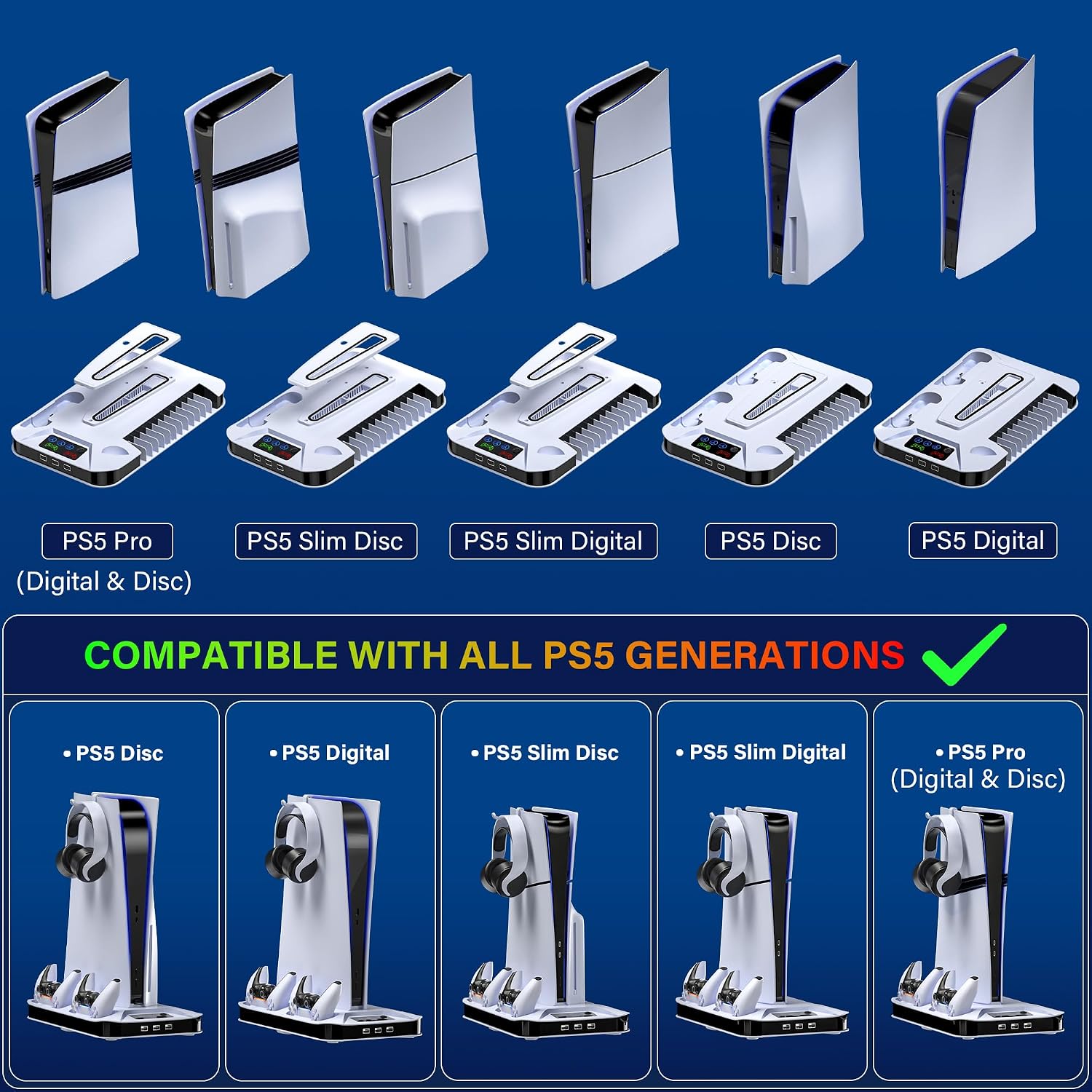 PS5/Slim/Pro Cooling Station with Controller Charging Station for Playstation Console Playstation 5 Slim&Standard Disc/Digital Console, PS5 Pro Stand Cooler Accessories Incl Cooling Fan/3 USB Hubs