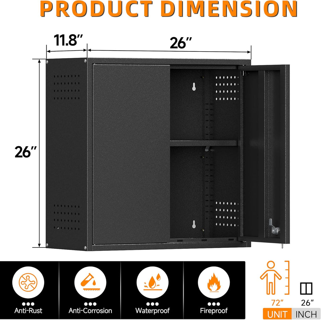 Garage Wall Cabinet, Metal Wall Cabinet with 2 Doors | 26'' Black Wall Mounted Floating Tool Cabinets for Home Office, Warehouse, Kitchen, Bathroom, Utility Room