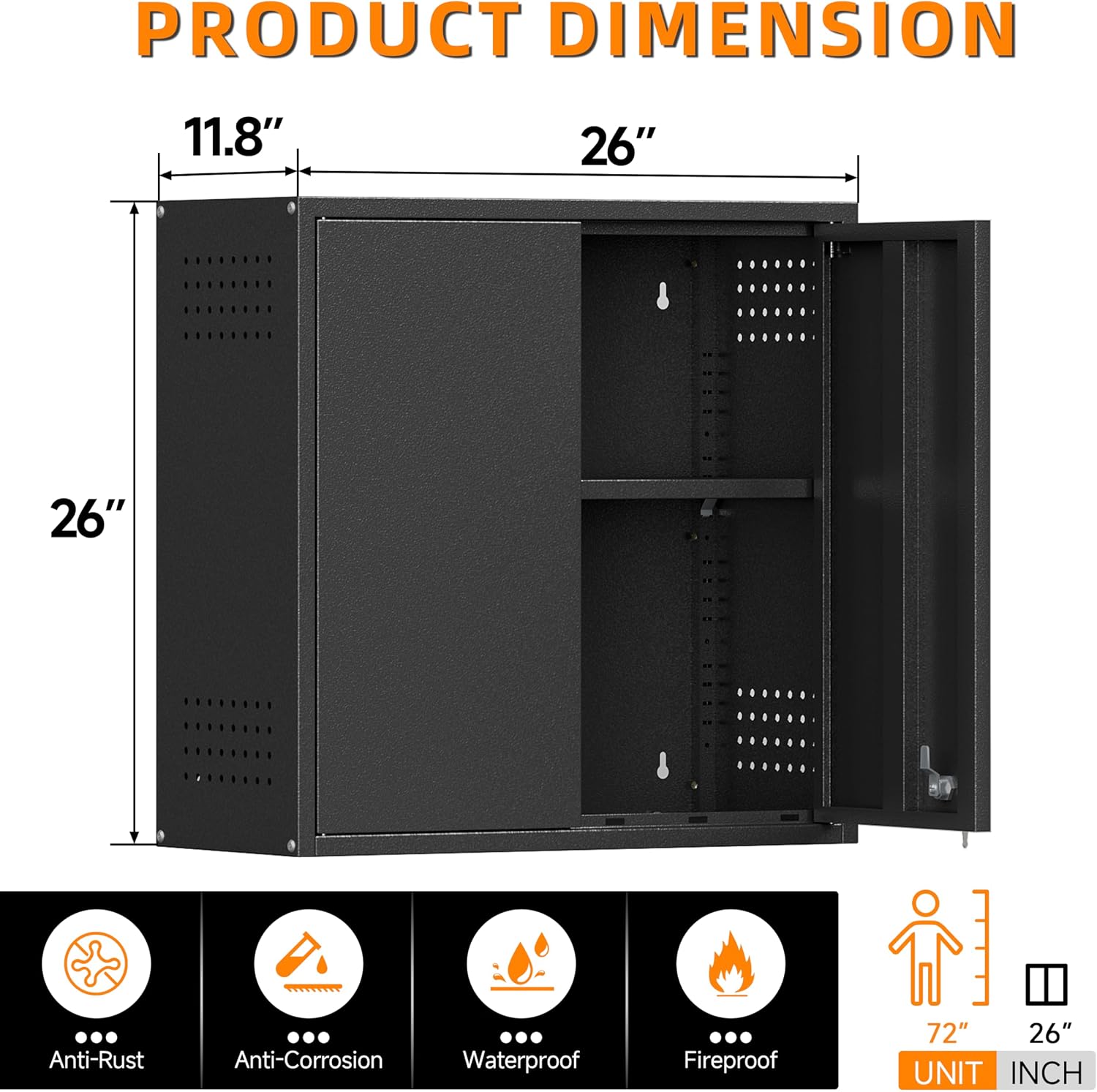 Garage Wall Cabinet, Metal Wall Cabinet with 2 Doors | 26'' Black Wall Mounted Floating Tool Cabinets for Home Office, Warehouse, Kitchen, Bathroom, Utility Room