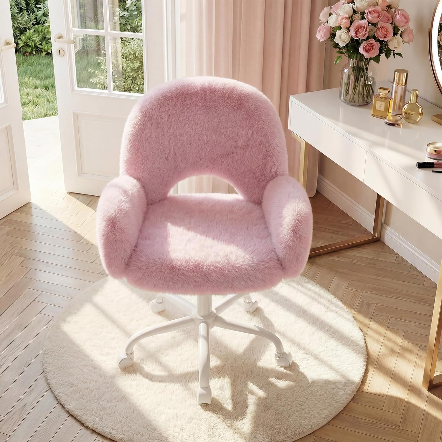 Homkdom Vanity Chair with Round Hollow Back, Pink Desk Chair with Arms & Wheels, Cute Office Chair for Make-up Room, Bedroom, Home Office, Salon, Height Adjustable, Faux Rabbit Fur