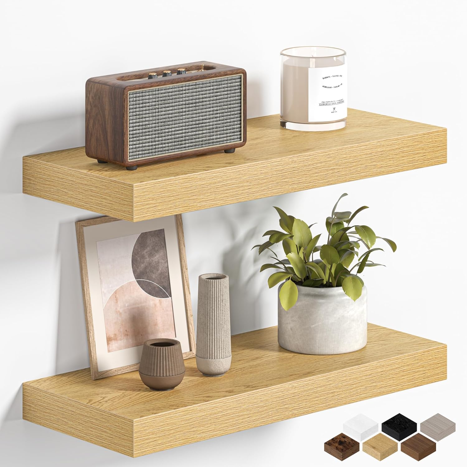Fun Memories Floating Shelves for Wall 16 Inch, Set of 2 – Wall-Mounted Storage & Display Shelf with Invisible Bracket, Oak Floating Shelves for Living Room, Bedroom, Bathroom, Kitchen