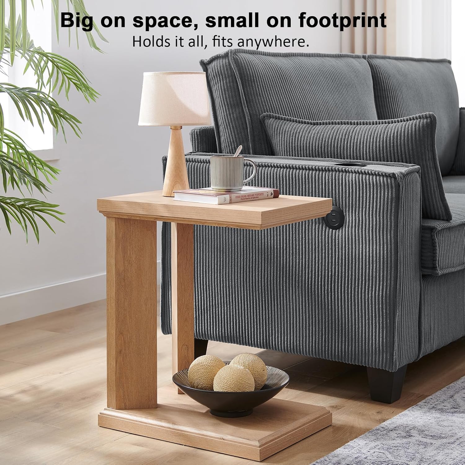 C Shaped End Table for Couch, 23.2'' High Small Side Table 2-Tier C Shaped Sofa Table for Small Narrow Spaces, Modern Nightstand for Bedroom, Living Room, Apartment, Home Office, Oak