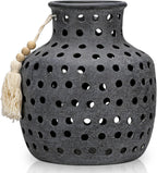 Ceramic Flower Vase Home Decor - 10 Inch Rustic Hollow Black Pottery Vase Modern Farmhouse Vintage for Centerpieces House Living Room Dining Table Shelf Mantel Decoration