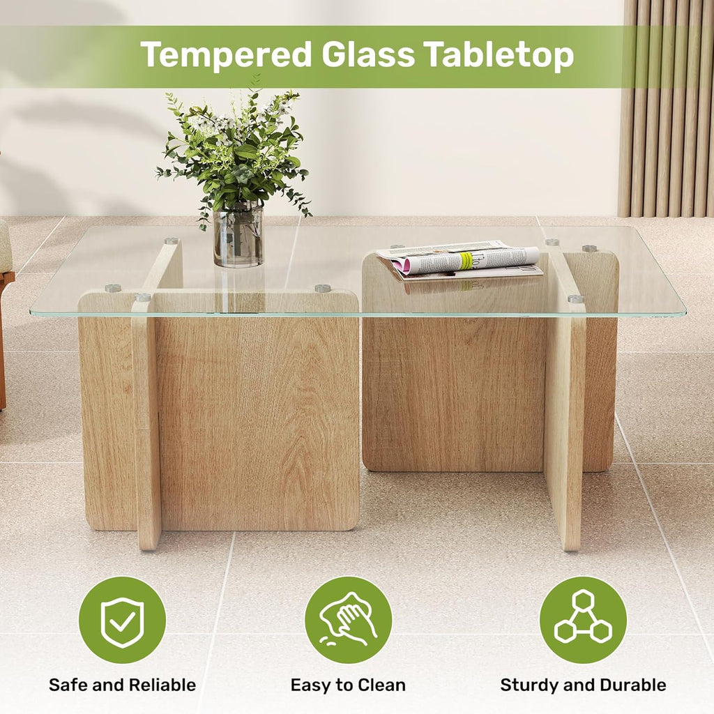 Miereirl Modern Glass Coffee Table, Rectangle Coffee Table Glass Top with Sturdy Wooden Base, Small Glass Wood Coffee Table for Living Room, Apartment, Office, Easy Assembly (Natural)