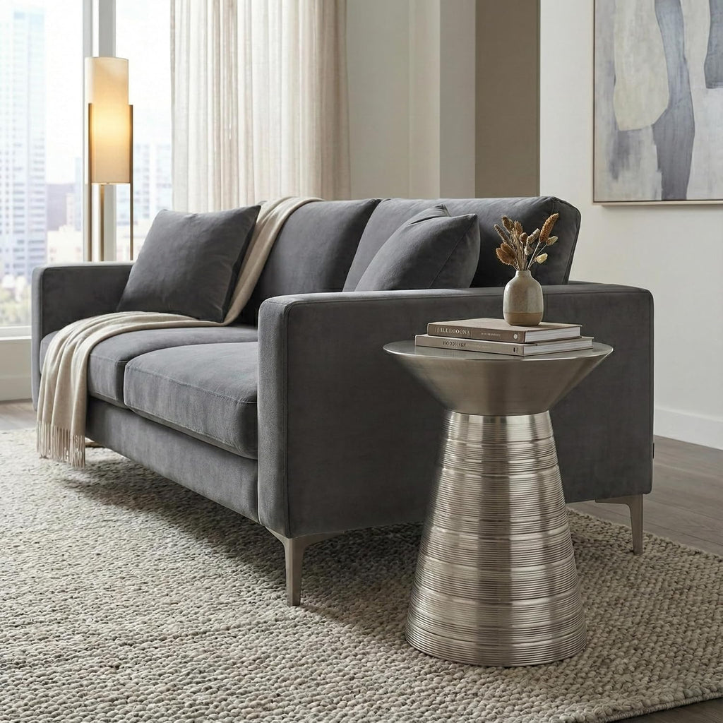 SIMPLIHOME Sheridan Metal Table - 18 inch Wide Solid Metal Round Side Table in Antique Nickel, Industrial Accent Table for Living Room or Office with Sculptural Design, Assembled