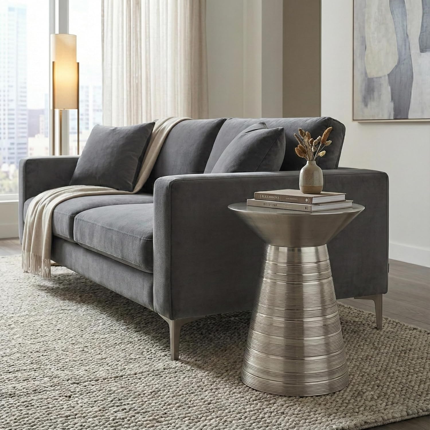 SIMPLIHOME Sheridan Metal Table - 18 inch Wide Solid Metal Round Side Table in Antique Nickel, Industrial Accent Table for Living Room or Office with Sculptural Design, Assembled