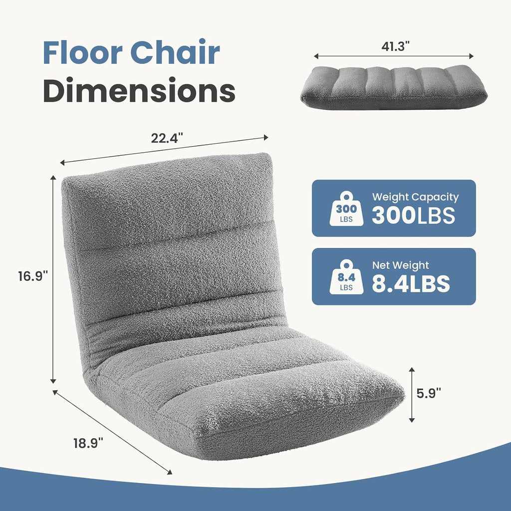 DUMOS Folding Floor Chair with Back Support, Adjustable 14-Position Floor Seating with Comfy Teddy Velvet for Adults & Kids, Reading, Gaming, Meditation, Watching, Grey