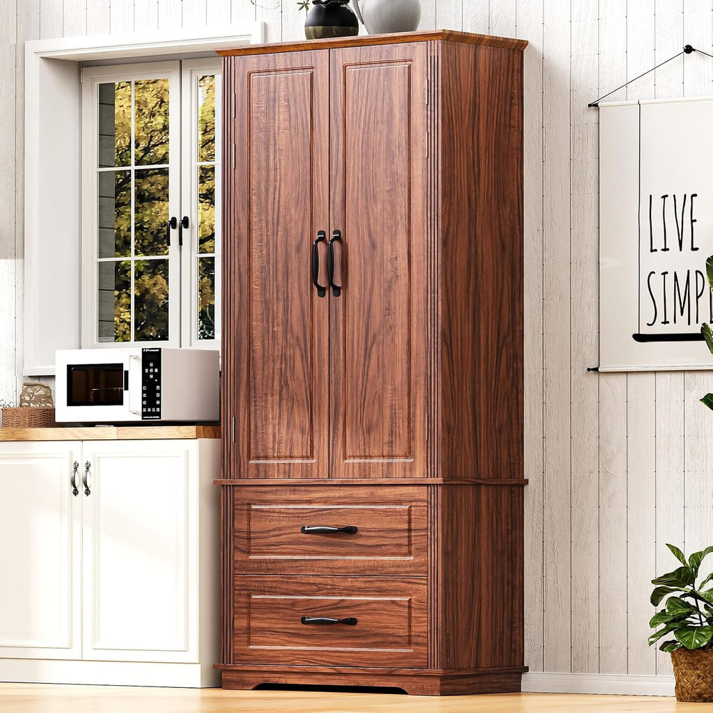Pantry Cabinet with 2 Large Drawers, Embossed Texture Freestanding Cupboard with 8 Door Shelves and 3 Cabinet Shelves for Kitchen, Dining Room, Living Room