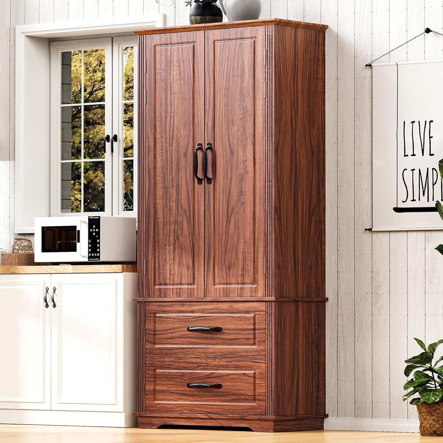 Pantry Cabinet with 2 Large Drawers, Embossed Texture Freestanding Cupboard with 8 Door Shelves and 3 Cabinet Shelves for Kitchen, Dining Room, Living Room