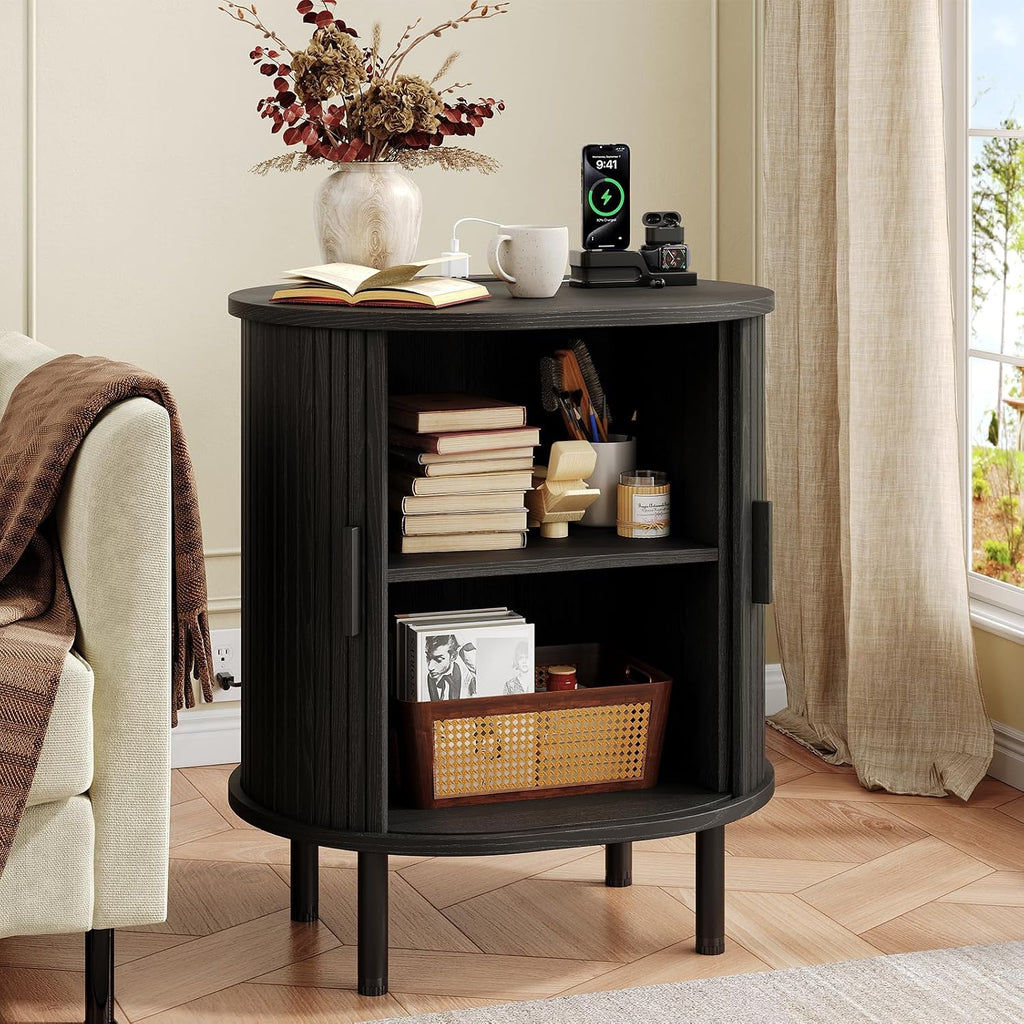 Oval End Table with Charging Station & Sliding Door, Mid-Century Modern Side Table with Storage & Adjustable Shelf, Fluted Accent Nightstand for Living Room, Bedroom (1, Black)