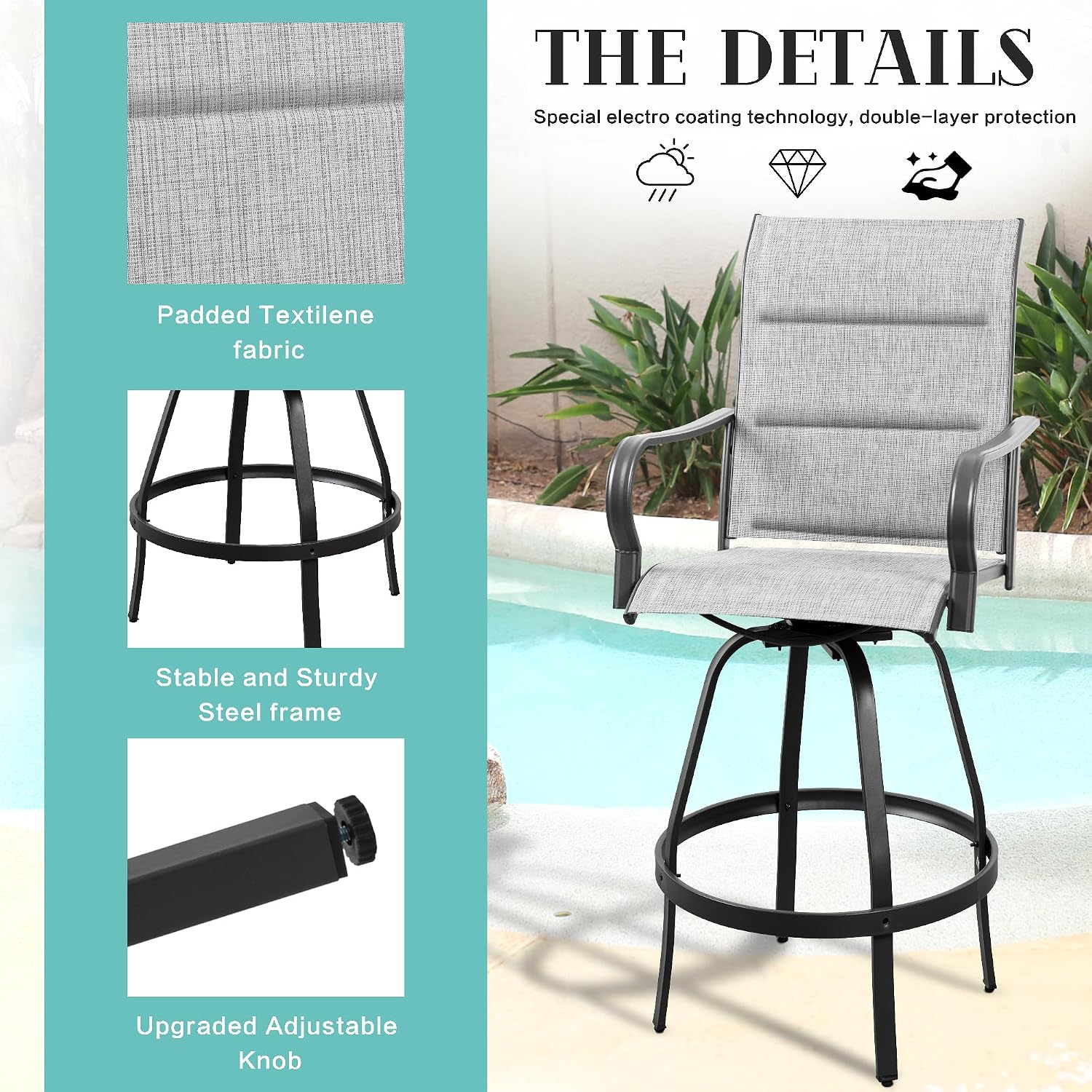 Vongrasig 4 Piece Outdoor Patio Swivel Bar Chairs, All Weather Padded Sling Textile High Top Bar Stools, Bistro Set for Backyard, Lawn Garden, Balcony, Padded Light Gery
