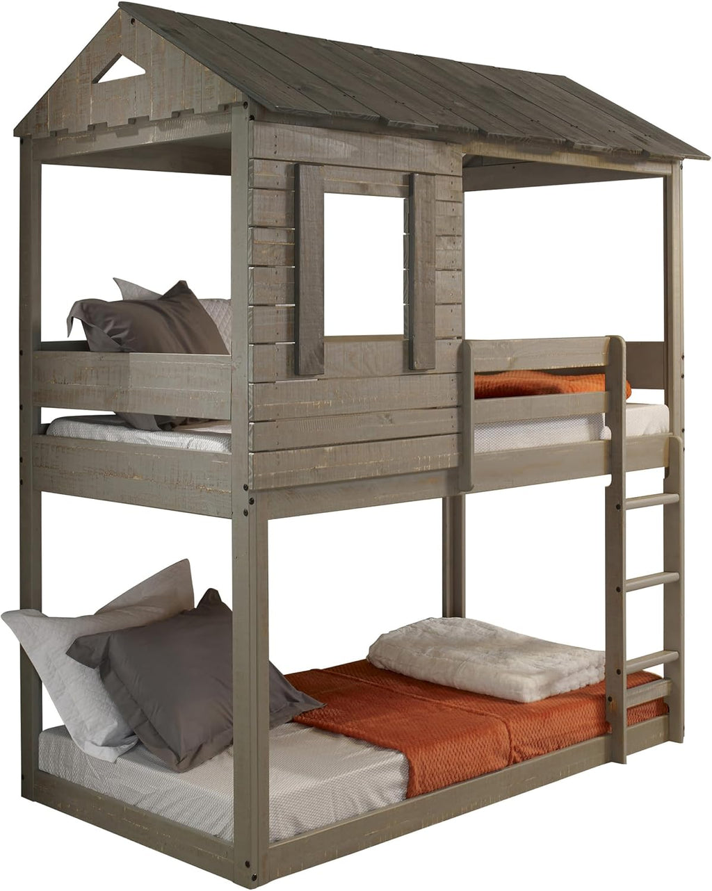 Rustic Grey Twin Over Twin Bunk Bed with Built in Ladder