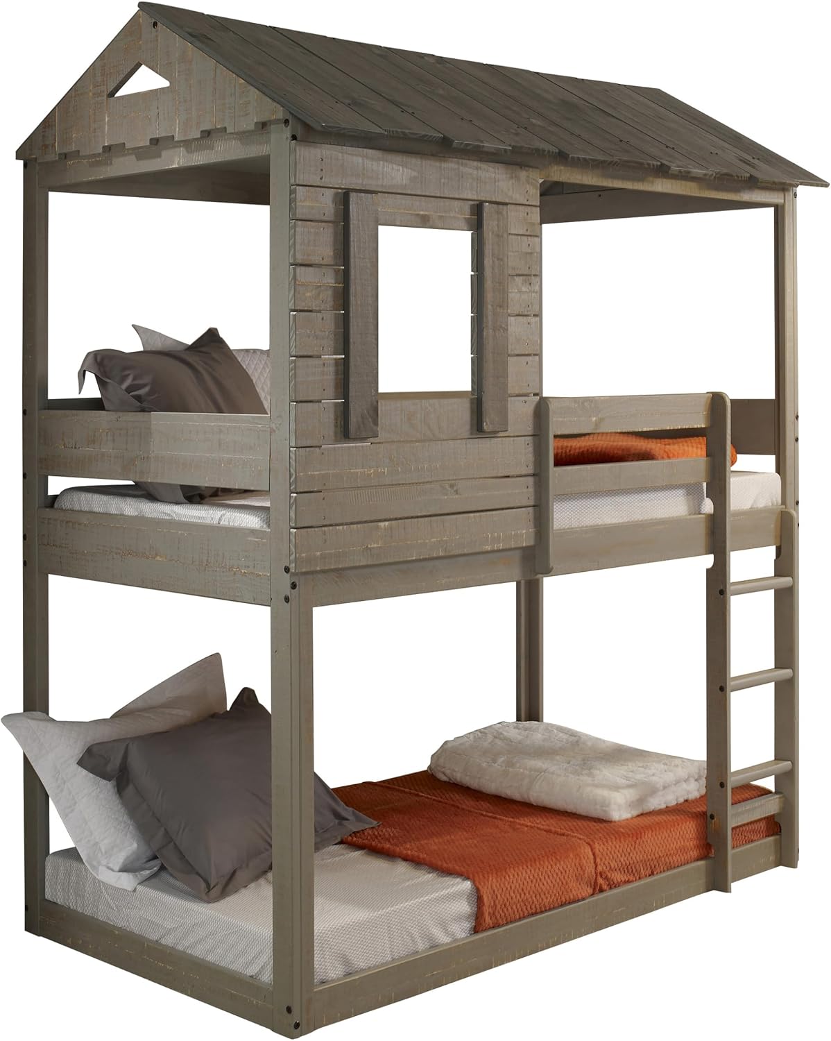 Rustic Grey Twin Over Twin Bunk Bed with Built in Ladder