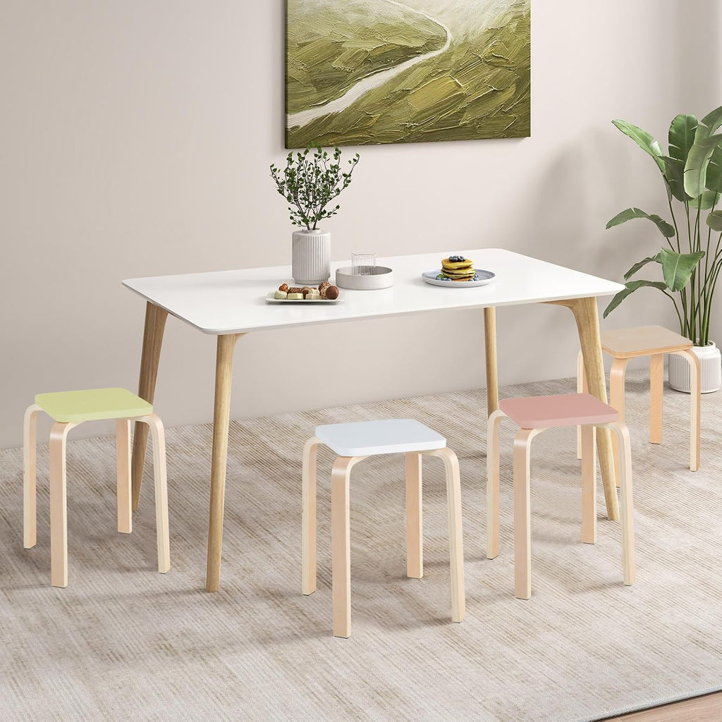 POWERSTONE Wooden Stackable Stools Set of 4, 18" Square Backless Student Chairs w/Non-Slip Pads, Lightweight Stacking Stools for Kitchen, Classroom, Dining Room 330lb Capacity