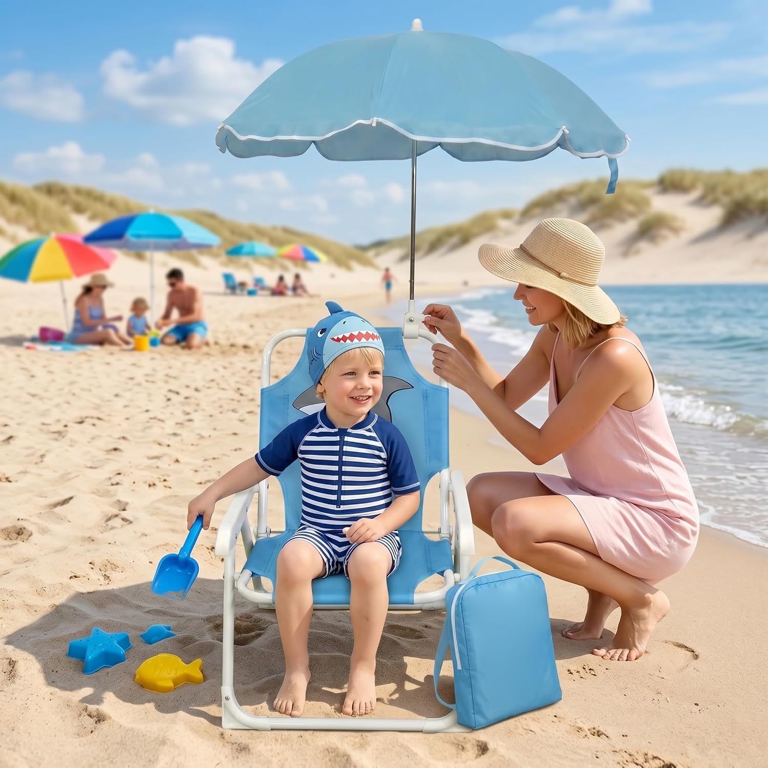 Foldable Toddler Lawn Chair with Umbrella - Lightweight Cartoon Shark Baby Beach Chair, Blue, 27.56×19.49 Inch