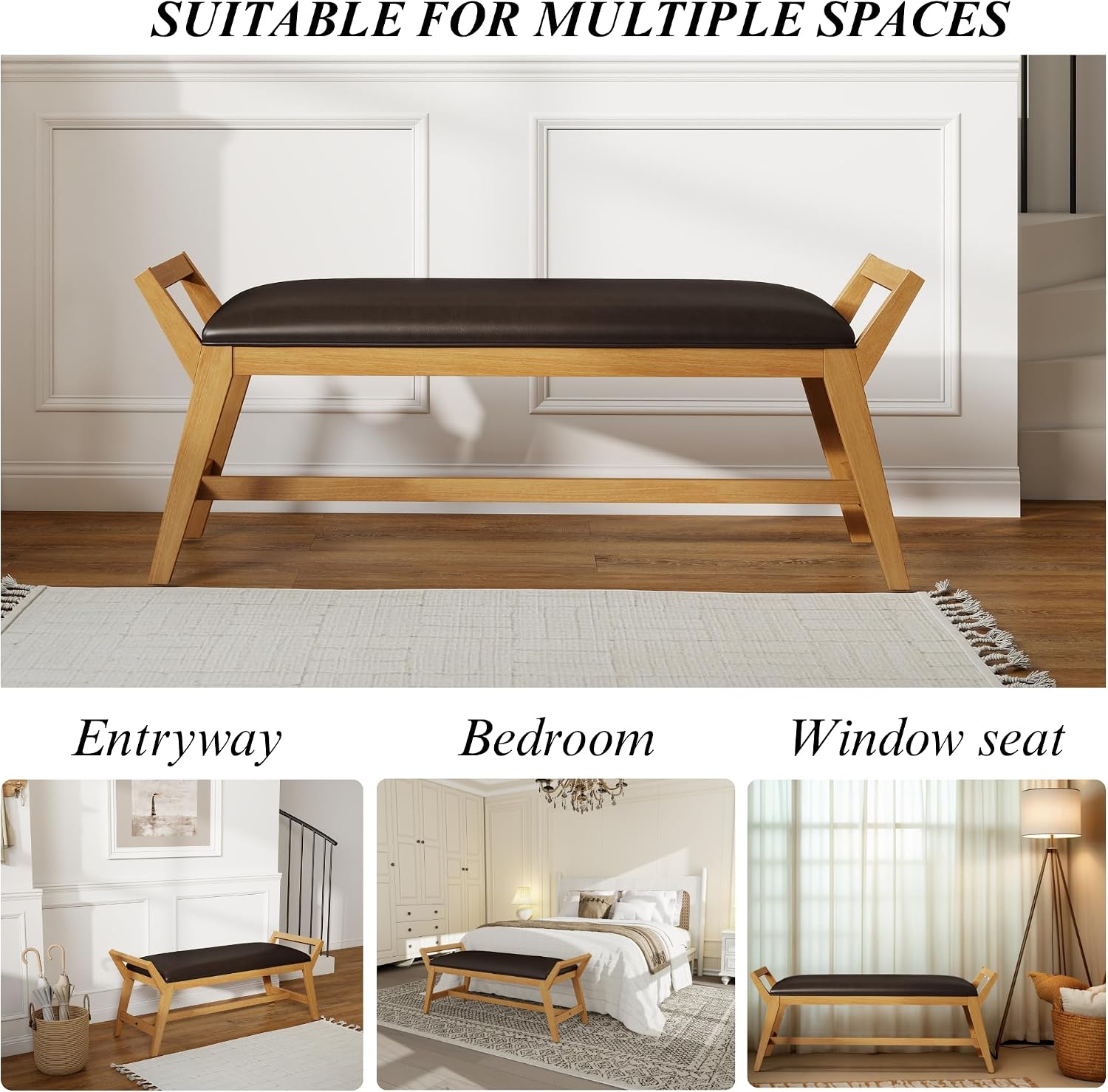 51" End of Bed Bench, Entryway Bench with Solid Wood Frame Fabric Ottoman Bench for Bedroom/Entry/Living Room, PU Leather Black