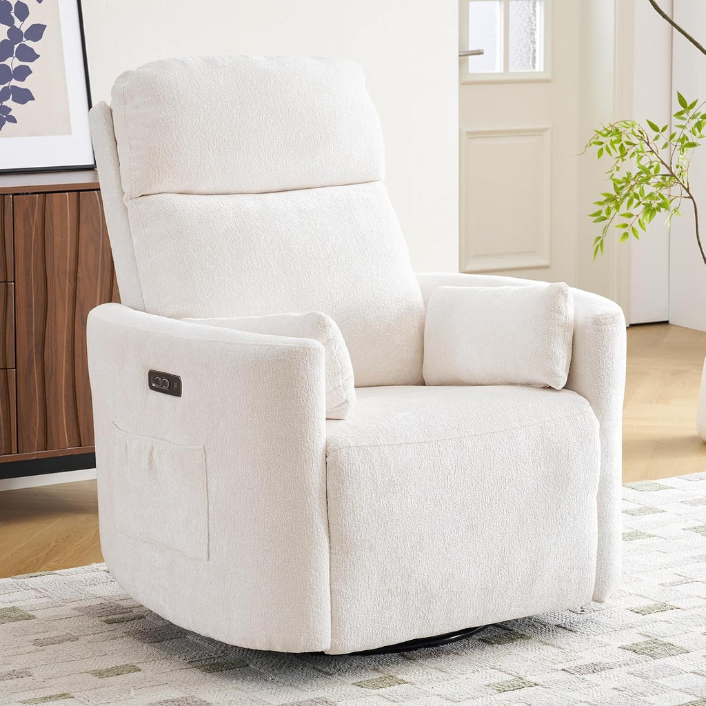 Oversized Power Recliner with Massage and Heat, Swivel Rocker Recliner with Adjustable Headrest, Glider Recliner Nursery Chair with 2 Pillows, rocking nursery recliner for Living Room,Chenille White