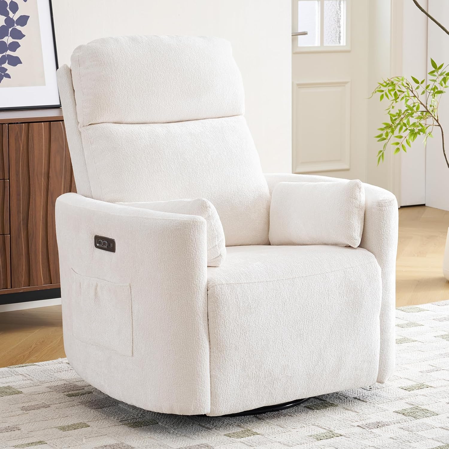 Oversized Power Recliner with Massage and Heat, Swivel Rocker Recliner with Adjustable Headrest, Glider Recliner Nursery Chair with 2 Pillows, rocking nursery recliner for Living Room,Chenille White