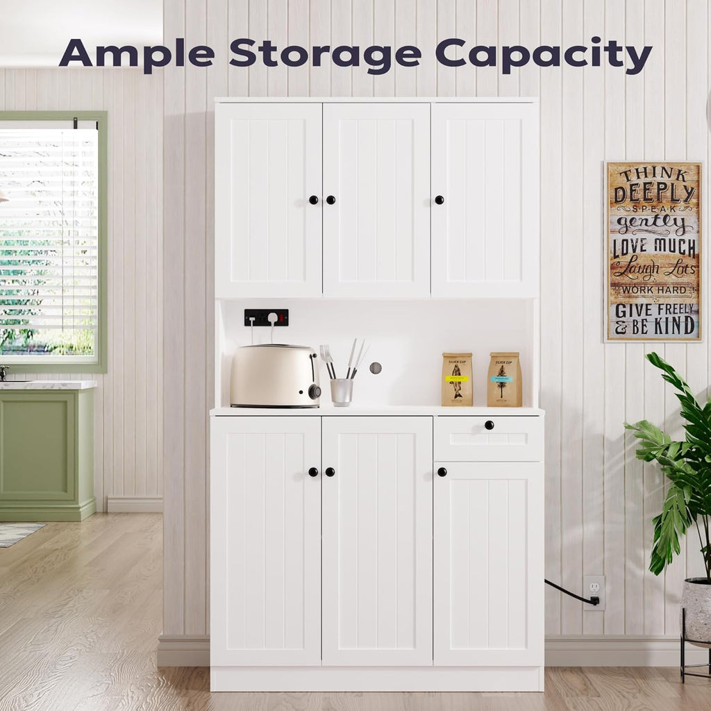 Furnify 71" H Pantry Cabinet with Charging Station, Tall Kitchen Pantry Storage Cabinet with Microwave Stand, Farmhouse Kitchen Hutch with Storage Drawer for Living Room, Dining Room, White