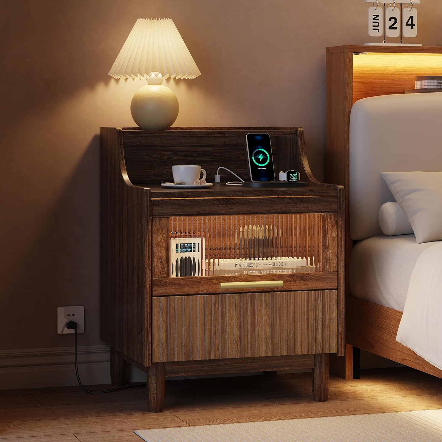 Einhomn Fluted Nightstand with Charging Station and Light, End Table with Drawer & Transparent Storage, Side Table for Bedroom, Narrow Bedside Table for Living Room Small Space, Walnut