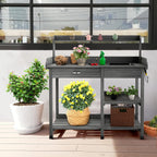 TANGZON Garden Potting Table, Wooden Potting Bench with Large Sink, Drawer, Open Shelves & 3 Hooks, Outdoor Gardening Flower Plant Workstation for Patio Balcony Yard Lawn (Grey)