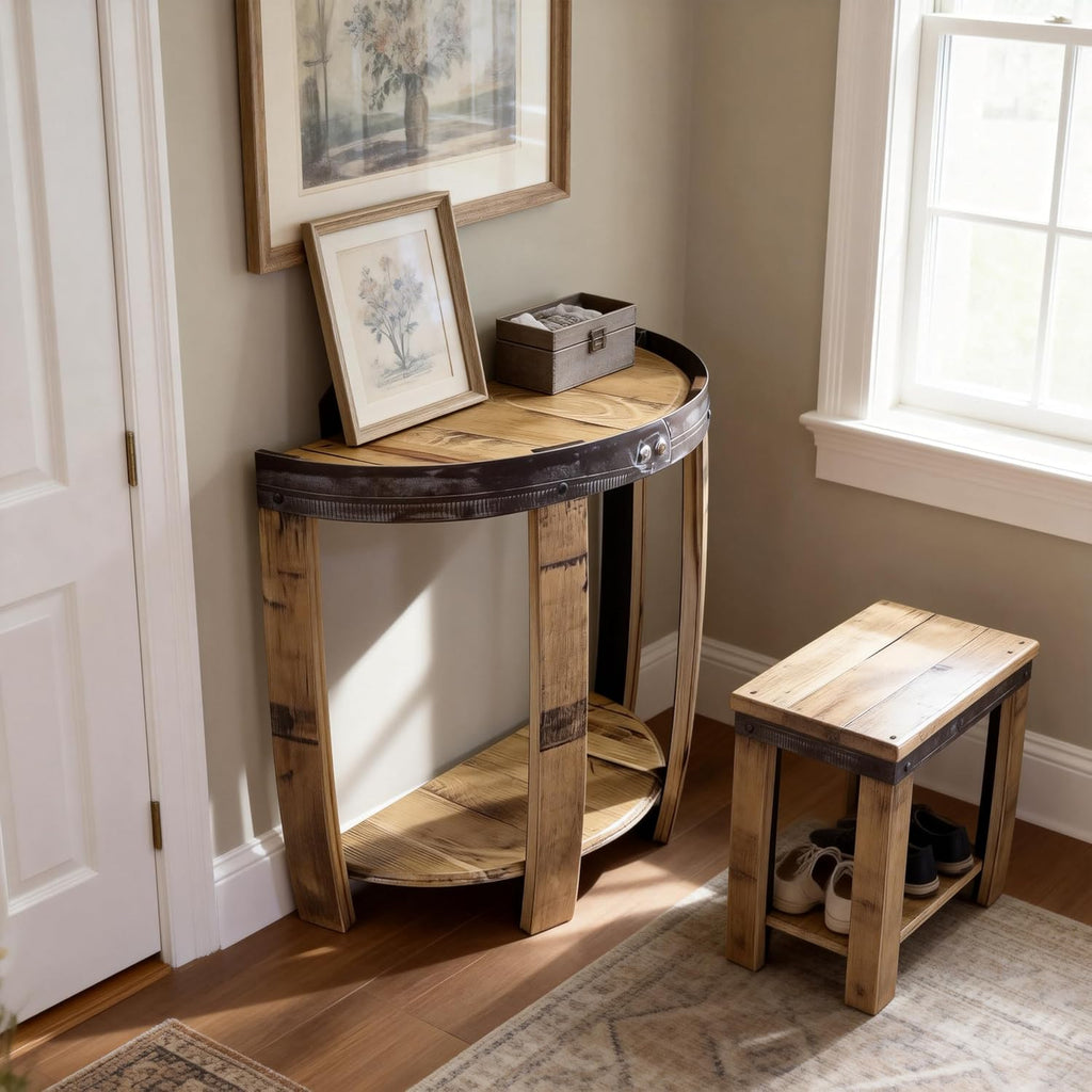 24Inch Half Whiskey Barrel Side Table，Whiskey Barrel End Table, Whiskey Barrel Table for Living Room, Bedroom, Handcrafted Rustic Oak Wine Barrel Decor