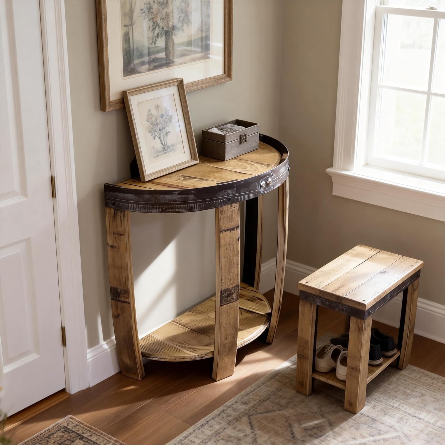 24Inch Half Whiskey Barrel Side Table，Whiskey Barrel End Table, Whiskey Barrel Table for Living Room, Bedroom, Handcrafted Rustic Oak Wine Barrel Decor