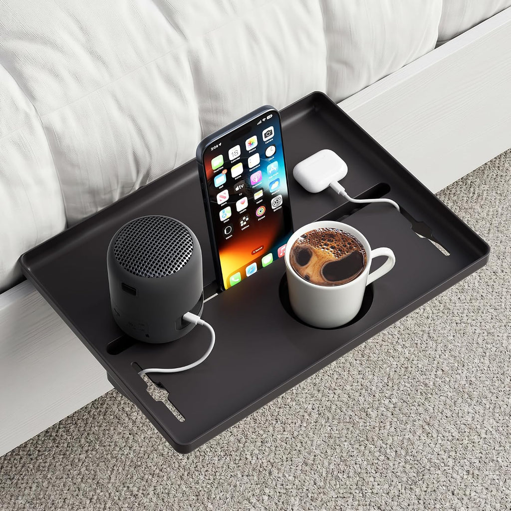 JOYMOOP Clip-On Bedside Shelf for Bunk Beds, Dorm Room Essentials, Bedside Caddy, No-Tool Install Bed Side Table Storage for Loft, Platform Beds, Nightstand Caddy for Phone, Glasses, Book, Black