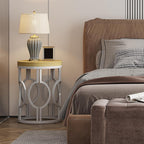 Tribesigns Round End Table, Farmhouse Side Table with White Metal Hollow Frame, Small Bedside Table Nightstand for Living Room, Bedroom, Easy Assembly (Natural Beige,1PC)